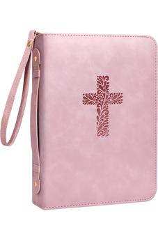 Bible Cover Case for Women Girls, PU Leather Large Bible Case with Minimalist Debossed Design (Pink)